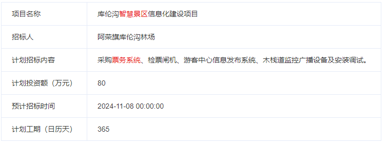 庫倫溝智慧景區(qū)信息化建設(shè)項目招標計劃表